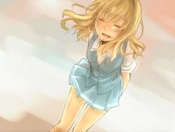 Rule 34 | 1girl, arms behind back, blonde hair, blush, cross channel, closed eyes, leaning, long hair, open mouth, school uniform, skirt, smile, solo, tears, tkns, vest, yamanobe miki
