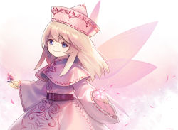 Rule 34 | 1girl, ainy, artist name, bad id, bad pixiv id, blonde hair, blue eyes, capelet, dress, embellished costume, fairy wings, flower, hat, holding, holding flower, lily white, looking at viewer, pink dress, smile, solo, touhou, wide sleeves, wings