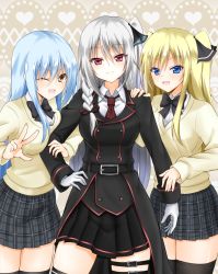 Rule 34 | 3girls, :d, ;d, amagiri tsukuyo, arm hug, belt, belt buckle, black belt, black bow, black bowtie, black coat, black ribbon, black skirt, black thighhighs, blonde hair, blue eyes, blue hair, bow, bowtie, braid, breast press, breasts, brown background, brown eyes, brown necktie, brown ribbon, buckle, buttons, closed mouth, coat, commentary request, cowboy shot, denpa (denpae29), double-breasted, elona (denpa), girl sandwich, gloves, hair between eyes, hair ribbon, hand on another&#039;s shoulder, hand on own hip, hand up, head tilt, heart, highres, legs together, long hair, long sleeves, looking at viewer, medium breasts, medium skirt, multiple girls, necktie, one eye closed, open mouth, original, pink eyes, pleated skirt, ribbon, rie kaori, sandwiched, school uniform, side braid, sidelocks, skirt, smile, solo, standing, sweater, thigh strap, thighhighs, two side up, v-neck, w, white gloves, white hair, yellow sweater