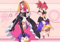 Rule 34 | 10s, 2girls, bare shoulders, bat wings, bird, boots, bow, breasts, brown hair, cleavage, collar, crossed legs, crossover, disgaea, elbow gloves, erzihua guimao, etna (disgaea), frills, gloves, hat, highres, leotard, long hair, mawaru penguindrum, multiple girls, penguin, penguin 3-gou, pink eyes, pointy ears, princess of the crystal, prinny, red eyes, red hair, sitting, skull, small breasts, sweatdrop, takakura himari, thigh boots, thighhighs, tongue, wings