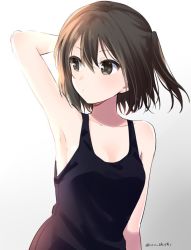 Rule 34 | 1girl, alternate costume, arm behind back, armpits, bare arms, bare shoulders, black shirt, brown eyes, brown hair, commentary request, detached sleeves, gradient background, grey background, hair between eyes, hand up, ica, kantai collection, sendai (kancolle), shirt, solo, twintails, twitter username, upper body