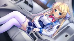 Rule 34 | 1girl, blonde hair, blue eyes, blush, bow, bowtie, breasts, car, car interior, crossed legs, game cg, harvest overray, large breasts, legs, long hair, looking at viewer, mikami lilia, motor vehicle, nironiro, school uniform, sitting, skirt, smile, solo, thighs, twintails, usume shirou, white legwear