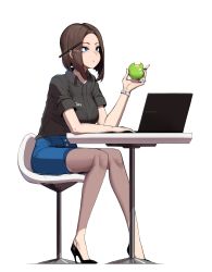 Rule 34 | 1girl, absurdres, apple, arm rest, bad id, bad pixiv id, bare legs, black footwear, black shirt, blue eyes, blue nails, blue shorts, chewing, closed mouth, collared shirt, commentary, computer, deliciousmeatart, eating, english commentary, eyelashes, food, forehead, fruit, full body, green apple, high heels, highres, holding, holding food, holding fruit, knees together feet apart, laptop, looking afar, nail polish, pen, samsung, samsung sam, shadow, shirt, short sleeves, shorts, sitting, solo, table, thinking, v-shaped eyebrows, watch, white background, wristwatch