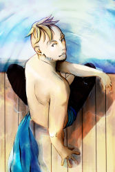 Rule 34 | 1boy, black pants, blonde hair, looking at viewer, male focus, marco (one piece), one piece, pants, ripples, sash, topless male, sitting, solo, water