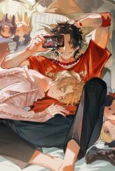 Rule 34 | 2boys, absurdres, bead necklace, beads, bishounen, black hair, blonde hair, blush, brothers, burn scar, camera, closed eyes, freckles, highres, holding, holding camera, jewelry, leaning on person, lying, male focus, multiple boys, necklace, one piece, portgas d. ace, sabo (one piece), scar, scar across eye, scar on face, shirt, siblings, sleeping, sleeping on person, smile, sqloveraven, yaoi