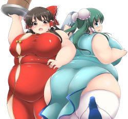 Rule 34 | 2girls, :o, ass, bamboo steamer, bare arms, bare shoulders, big belly, blue eyes, blush, bow, breasts, brown eyes, brown hair, bucket, bun cover, bursting belly, bursting breasts, carafe, carrying overhead, china dress, chinese clothes, dress, fat, fat rolls, from behind, green hair, hair bow, hair ribbon, hair tubes, hakurei reimu, high heels, huge ass, huge breasts, kochiya sanae, kurokaze no sora, large bow, large breasts, long hair, looking at viewer, multiple girls, obese, open mouth, ribbon, solo, sweatdrop, thick arms, thick thighs, thighhighs, thighs, touhou, tray, twintails, undersized clothes, white thighhighs, wide hips, wooden bucket
