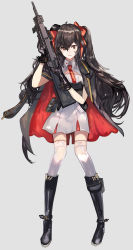 Rule 34 | 1girl, assault rifle, black cape, black footwear, black gloves, blush, boots, bow, brown eyes, brown hair, bullpup, cape, commentary request, dress, full body, girls&#039; frontline, gloves, grey background, gun, hair between eyes, hair bow, highres, holding, holding gun, holding weapon, long hair, multicolored cape, multicolored clothes, name connection, necktie, object namesake, ori (momonimo), parted lips, pleated dress, qbz-97, red bow, red cape, red necktie, rifle, simple background, solo, thighhighs, thighhighs under boots, twintails, type 97 (girls&#039; frontline), very long hair, weapon, white dress, white thighhighs