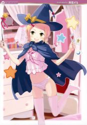 Rule 34 | 1girl, absurdres, blonde hair, bow, braid, camisole, cape, crescent, hair ornament, hairclip, hat, heart, highres, kishida mel, lingerie, navel, open mouth, panties, smile, solo, star (symbol), thighhighs, twin braids, underwear, wand, witch, witch hat, yellow eyes
