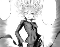 Rule 34 | 1girl, black dress, breasts, collarbone, covered navel, curly hair, curvy, dress, floating hair, greyscale, hand on own hip, hip vent, long sleeves, looking at viewer, monochrome, murata yuusuke, official art, one-punch man, open mouth, skin tight, small breasts, tatsumaki