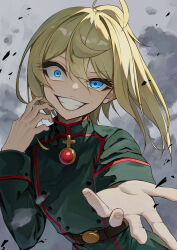 Rule 34 | 1girl, ahoge, belt, blonde hair, blue eyes, buttons, cloud, cloudy sky, commentary, constricted pupils, crazy eyes, crazy smile, double-breasted, evil smile, green jacket, grin, highres, jacket, komura hiroto, long hair, long sleeves, looking at viewer, military uniform, ponytail, reaching, reaching towards viewer, sanpaku, sky, smile, tanya degurechaff, uniform, upper body, youjo senki