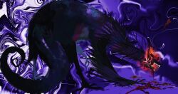 Rule 34 | abstract background, animal, animal focus, black skin, blood, colored skin, creature, feathers, full body, highres, kamikiririp, monster, no humans, open mouth, original, purple feathers, purple theme, sharp teeth, tail, talons, teeth