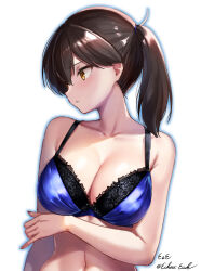 Rule 34 | 1girl, absurdres, artist name, bare shoulders, blue bra, blush, bra, breasts, brown eyes, brown hair, cleavage, collar, eckert&amp;eich, frilled bra, frills, highres, kaga (kancolle), kantai collection, large breasts, long hair, side ponytail, solo, underwear, upper body, white background
