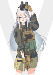Rule 34 | 1girl, :d, absurdres, animal ears, blush, cowboy shot, fangs, glock, gloves, green shorts, grey eyes, grey hair, gun, h&amp;k mp7, hair between eyes, handgun, highres, holding, holding gun, holding weapon, hololive, holstered, jacket, lion ears, long hair, long sleeves, looking at viewer, military, military jacket, night vision device, official alternate hair length, official alternate hairstyle, okapi (yomaigoto), open mouth, bulletproof vest, shishiro botan, shorts, sleeves rolled up, smile, solo, straight hair, submachine gun, tactical clothes, trigger discipline, virtual youtuber, weapon