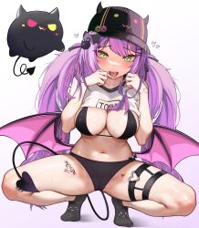 Rule 34 | 1girl, absurdres, bibi (tokoyami towa), bikini, black bikini, black headwear, black socks, breasts, cameltoe, character name, character print, cleft of venus, clothes writing, commentary, cropped shirt, demon tail, drooling, hair ornament, hairclip, hands up, hat, heart, highres, hololive, horned hat, kkato, large breasts, long hair, looking at viewer, low wings, no shoes, purple hair, raised eyebrows, saliva, shirt, short sleeves, socks, squatting, swimsuit, symbol-only commentary, tail, tattoo, teeth, thighs, tokoyami towa, tongue, tongue out, twintails, upper teeth only, very long hair, virtual youtuber, white shirt, wings, x hair ornament