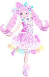 Rule 34 | 1girl, aozora himari, blue eyes, blunt bangs, boots, bow, closed mouth, dress, drill hair, full body, glowing clothes, hair bow, hand up, heart, himitsu no aipri, idol clothes, long hair, looking at viewer, official art, one eye closed, pink bow, pink dress, pink footwear, pink hair, pretty series, purple eyes, second-party source, smile, solo, standing, standing on one leg, transparent background, twin drills, twintails