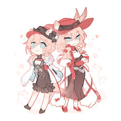 Rule 34 | 2girls, :3, animal ear fluff, animal ears, arknights, black dress, black footwear, black headwear, blue eyes, cat ears, chibi, chinese commentary, commentary request, dress, dual persona, ears through headwear, feather boa, fedora, full body, fur-trimmed jacket, fur trim, gloves, hair between eyes, hat, heart, heidi (arknights), highres, jacket, jacket on shoulders, looking at viewer, multiple girls, pink hair, red footwear, red gloves, red headwear, renren, shoes, short hair, simple background, standing, white background, white jacket
