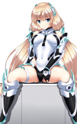 Rule 34 | 1girl, angela balzac, bare shoulders, blonde hair, blue eyes, blush, boots, breasts, breasts apart, covered navel, full body, hair ornament, halterneck, hand on own thigh, headgear, highleg, highleg leotard, highres, hip focus, impossible clothes, impossible leotard, knee boots, large breasts, leotard, light smile, long hair, looking at viewer, low twintails, rakuen tsuihou, shadow, simple background, sitting, solo, spread legs, thigh strap, turtleneck, twinpon, twintails, very long hair, white background