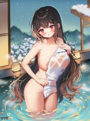Rule 34 | 1girl, :o, absurdres, areola slip, arme (cgsy7484), breasts, brown hair, collarbone, commission, covering privates, hair between eyes, highres, korean commentary, large breasts, light, long hair, looking at viewer, mountain, naked towel, navel, night, onsen, open mouth, original, petals, petals on liquid, red eyes, sidelocks, snow, standing, thighs, towel, tree, very long hair, wading