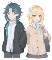 Rule 34 | 1boy, 1girl, ahoge, alternate costume, aqua hair, bag, bandaid, bandaid on cheek, bandaid on face, black jacket, blonde hair, blue bow, blue bowtie, blue hair, blue jacket, blush, bow, bowtie, brown jacket, buttons, closed mouth, collarbone, collared shirt, commentary request, dark blue hair, diamond-shaped pupils, diamond (shape), eyeshadow, facial mark, flower, forehead mark, genshin impact, grey bag, grey pants, grey skirt, hair between eyes, hair flower, hair ornament, hand in pocket, hands up, highres, hood, hooded jacket, jacket, long sleeves, looking at another, looking to the side, lumine (genshin impact), makeup, multicolored hair, open clothes, open jacket, open mouth, orange eyes, pants, pleated skirt, puffy long sleeves, puffy sleeves, red eyeshadow, shirt, short hair, short hair with long locks, sidelocks, simple background, skirt, smile, standing, sweatdrop, symbol-shaped pupils, two-sided fabric, two-sided jacket, two-tone hair, white background, white flower, white shirt, xiao (genshin impact), yellow eyes, younomiti