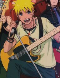 Rule 34 | 1boy, 2boys, artist request, bass guitar, blonde hair, blue eyes, commentary, concert, electric guitar, english commentary, facial mark, guitar, holding, holding microphone, instrument, male focus, microphone, multiple boys, music, naruto, naruto (series), ninja, official art, playing instrument, short hair, singing, smile, solo focus, spiked hair, stage, stage lights, teeth, uzumaki naruto, whisker markings