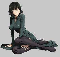 Rule 34 | 1girl, black hair, black thighhighs, blunt bangs, blush, boots, breasts, collared dress, covered erect nipples, covered navel, don (rg06268), dress, fubuki (one-punch man), full body, green eyes, grey background, half-closed eyes, high heel boots, high heels, large breasts, lips, long sleeves, narrow waist, on floor, one-punch man, pink lips, short hair, simple background, sitting, solo, thigh boots, thighhighs
