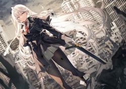 Rule 34 | 1girl, building, closed mouth, counter:side, dual wielding, gloves, hilde (counter:side), holding, holding sword, holding weapon, long hair, long sleeves, necktie, solo, sword, toosaka asagi, very long hair, weapon, white gloves, white hair, yellow eyes