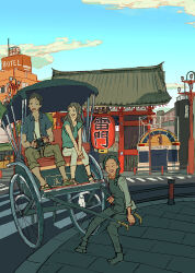 Rule 34 | 1boy, 2girls, architecture, black hair, blue jacket, blue sky, camera, carrier, cloud, cloudy sky, crosswalk, day, east asian architecture, full body, holding, holding camera, jacket, lamppost, leaning, long hair, looking at another, multiple girls, official art, open mouth, original, outdoors, pants, road, shirt, shorts, sitting, sky, slippers, summer-eyes, teeth, tongue, tongue out, upper teeth only, white pants, white shirt