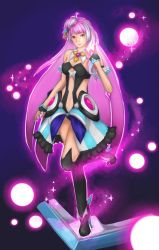 Rule 34 | 10s, 1girl, ahoge, asymmetrical hair, black thighhighs, blunt bangs, bow, breasts, cleavage, cleavage cutout, closed mouth, clothing cutout, detached collar, detached sleeves, drill hair, female focus, fingerless gloves, frills, full body, gloves, glowing, groin, hair bow, hair ornament, hand gesture, hand up, high heels, leg lift, leotard, light particles, light purple hair, lipstick, long hair, looking at viewer, macross, macross delta, makeup, mikumo guynemer, mole, mole under eye, multicolored hair, navel, navel cutout, odow, one side up, outline, purple hair, red eyes, revealing clothes, short sleeves, showgirl skirt, sidelocks, skirt, solo, standing, standing on one leg, strapless, strapless leotard, streaked hair, striped, thighhighs, two-tone hair, vertical stripes, very long hair, walkure (macross delta), white hair