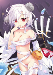 Rule 34 | 1girl, absurdres, ahoge, azur lane, bad id, bad pixiv id, bandages, bare shoulders, bolt, breasts, cleavage, detached sleeves, hair over one eye, halloween, highres, looking at viewer, medium breasts, no panties, no pussy, qianqiu wanxia, red eyes, short hair, sleeves past wrists, solo, stitches, terror (azur lane), terror (halloween terror) (azur lane), white hair