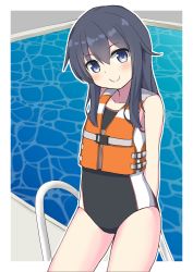 Rule 34 | 1girl, akatsuki (kancolle), black one-piece swimsuit, blue one-piece swimsuit, blush, cowboy shot, hair between eyes, highres, kantai collection, life vest, long hair, looking at viewer, messy hair, one-piece swimsuit, outdoors, pepatiku, pool, poolside, purple eyes, purple hair, solo, swimsuit, two-tone swimsuit, water, white one-piece swimsuit
