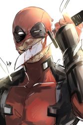 Rule 34 | 1boy, blood, bloody weapon, bodysuit, deadpool, deadpool (series), facial hair, highres, kibiko sato, licking, licking blade, licking weapon, male focus, marvel, mask, mask on head, reverse grip, solo, stubble, superhero costume, weapon