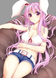 Rule 34 | 1girl, :o, alternate costume, animal ears, armpits, bare shoulders, belt, belt buckle, blush, breasts, buckle, camisole, casual, cleavage, collarbone, commentary request, cushion, denim, denim shorts, grey background, hand on own stomach, hisae (hisae collect), large breasts, long hair, lying, navel, on back, open mouth, pink hair, purple eyes, rabbit ears, red ribbon, reisen udongein inaba, ribbon, short shorts, shorts, simple background, solo, stomach, tareme, thighs, touhou, twitter username, very long hair, white ribbon