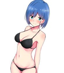 Rule 34 | 10s, 1girl, alternate breast size, aqua eyes, arms behind back, bare arms, bare shoulders, baretto (karasi07), bikini, blue hair, blush, body blush, breasts, cleavage, closed mouth, collarbone, cowboy shot, darling in the franxx, dutch angle, groin, hair ornament, hairclip, highres, ichigo (darling in the franxx), medium breasts, navel, short hair, simple background, solo, standing, stomach, string bikini, swimsuit, thigh gap, white background