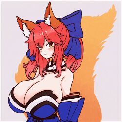 Rule 34 | 1girl, alternate breast size, animal ear fluff, animal ears, animated, animated gif, bare shoulders, blue bow, blue kimono, blush, bouncing breasts, bow, breasts, cleavage, closed eyes, collarbone, detached sleeves, fate/grand order, fate (series), fox ears, fox girl, fox tail, hair between eyes, hair bow, hair ribbon, huge breasts, japanese clothes, kimono, long hair, looking at viewer, pink hair, ribbon, smile, solo, split ponytail, tail, tail wagging, tamamo (fate), tamamo no mae (fate/extra), tazaigo, ugoira, yellow eyes