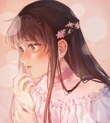 Rule 34 | 1girl, absurdres, artist name, bare shoulders, blush, brown eyes, brown hair, choker, flower, frilled choker, frilled shirt, frills, fruits basket, hair flower, hair ornament, half updo, hand to own mouth, highres, holding own wrist, honda tohru, long hair, looking to the side, off-shoulder shirt, off shoulder, oretsuu, parted lips, pink flower, shirt, sidelocks, solo, upper body, white shirt, wide-eyed