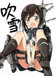Rule 34 | 10s, 1girl, bad id, bad pixiv id, brown hair, character name, covering privates, covering crotch, fubuki (kancolle), green eyes, highres, kantai collection, looking at viewer, open mouth, panties, pantyshot, personification, school uniform, serafuku, short hair, sitting, skirt, solo, tantan men (dragon), translation request, underwear, upskirt, white panties