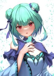 Rule 34 | 1girl, blue bow, blue dress, blue hair, blush, bow, commentary request, detached collar, double bun, dress, green hair, hair between eyes, hair bow, hair bun, hand up, highres, hololive, long sleeves, looking at viewer, medium hair, menmen (menmen13s), multicolored hair, parted lips, red eyes, solo, streaked hair, upper body, uruha rushia, uruha rushia (1st costume), virtual youtuber, white background, wide sleeves