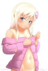 Rule 34 | 1girl, blonde hair, blue eyes, dated, groin, hair ribbon, jacket, kantai collection, looking at viewer, naked jacket, navel, no panties, official alternate costume, one-hour drawing challenge, one-piece tan, out-of-frame censoring, pink jacket, ray.s, ribbon, ro-500 (kancolle), simple background, solo, standing, tan, tanline, twitter username, upper body, white background