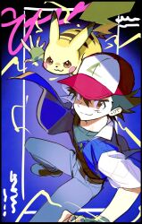 &gt;:) 1boy abstract_background ash_ketchum baseball_cap belt black_hair blue_jacket blue_pants brown_belt brown_eyes closed_mouth creatures_(company) fingerless_gloves game_freak gen_1_pokemon gloves green_gloves hat jacket looking_at_viewer multicolored_clothes multicolored_hat nintendo pants pikachu pkgllllllv pokemon pokemon_(anime) pokemon_(creature) red_hat shirt short_hair smile v-shaped_eyebrows