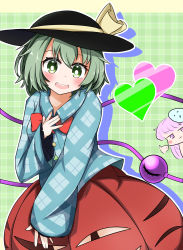 Rule 34 | 2girls, absurdres, artist request, blush, cosplay, eyebrows hidden by hair, green eyes, green hair, hat, hata no kokoro, hata no kokoro (cosplay), heart, highres, komeiji koishi, mask, multiple girls, nervous smile, plaid, plaid background, short hair, simple background, smile, solo focus, third eye, touhou