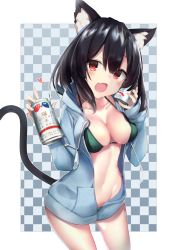Rule 34 | 1girl, :d, animal ear fluff, animal ears, azur lane, bikini, bikini under clothes, black hair, blue hoodie, blush, breasts, can, cat ears, cat girl, cat tail, checkered background, cleavage, collarbone, commentary request, drawstring, fang, green bikini, groin, hair between eyes, harenchi, heart, highres, holding, holding can, hood, hood down, hoodie, large breasts, long hair, long sleeves, looking at viewer, navel, offering drink, open clothes, open hoodie, open mouth, red eyes, sleeves past wrists, smile, solo, swimsuit, tail, tail raised, yamashiro (azur lane)