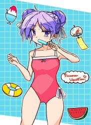 Rule 34 | 1girl, absurdres, bare shoulders, blush, breasts, chignon, collarbone, dot nose, eating, english text, food, fruit, highres, hiiragi kagami, holding, holding food, holding popsicle, legs, lucky star, one-piece swimsuit, popsicle, purple hair, red one-piece swimsuit, shaved ice, small breasts, solo, standing, swimsuit, thighs, watermelon