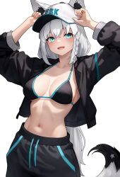 Rule 34 | 1girl, absurdres, animal ear fluff, animal ears, aqua eyes, arms up, baseball cap, bikini, bikini top only, black bikini, black jacket, black pants, bluefield, braid, breasts, crossed bangs, drawstring, ears through headwear, fox ears, fox girl, fox tail, from front, hair between eyes, hat, highres, hololive, jacket, large breasts, light blush, long hair, long sleeves, looking at viewer, midriff, navel, open clothes, open jacket, open mouth, pants, pentagram, shirakami fubuki, side braid, simple background, smile, solo, stomach, sweatpants, swimsuit, tail, very long hair, virtual youtuber, white background, white hair, white hat