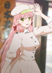 Rule 34 | 1girl, :d, akashi (kancolle), alternate hairstyle, arm at side, arm up, blurry, blurry background, blush, breasts, cabbie hat, casual, coat, depth of field, enami (e373), green eyes, hair ribbon, hand on headwear, hat, highres, kantai collection, long hair, looking at viewer, medium breasts, open mouth, outdoors, pink hair, red neckwear, ribbon, sidelocks, sign, sleeves past elbows, smile, solo, straight hair, tareme, tress ribbon, very long hair, white coat, white hat, wing collar
