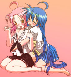 Rule 34 | 00s, 2girls, ahoge, barefoot, black neckerchief, blouse, blue hair, blush, bow, bowtie, embarrassed, from side, full body, gradient background, hair between eyes, hand on another&#039;s chin, hug, hug from behind, izumi konata, karaagetarou, kogami akira, lace, lace-trimmed shirt, lace trim, long hair, lowres, lucky star, miniskirt, mole, mole under eye, multiple girls, neckerchief, orange background, parted bangs, pink background, pink hair, school uniform, serafuku, shirt, simple background, sitting, skirt, surprised, v-shaped eyebrows, very long hair, white shirt, yellow bow, yellow bowtie, yuri