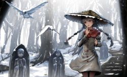Rule 34 | 1girl, ajirogasa, bird, black hair, braid, capelet, commentary request, day, dress, forest, grey dress, hat, long hair, long sleeves, nature, outdoors, ryosios, snow, solo, standing, statue, touhou, tree, twin braids, winter, yatadera narumi