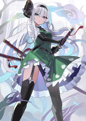 1girl :| adapted_costume alternate_costume alternate_hair_length alternate_hairstyle aqua_eyes belt black_belt black_gloves black_hairband black_ribbon black_thighhighs closed_mouth commentary dress elbow_gloves falken_(yutozin) frilled_dress frilled_skirt frills garter_straps gloves green_skirt hair_ribbon hairband highres holding holding_sword holding_weapon katana konpaku_youmu konpaku_youmu_(ghost) long_hair looking_at_viewer puffy_sleeves revision ribbon skirt solo standing sword thighhighs touhou weapon white_hair