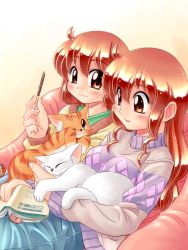 Rule 34 | 2girls, animal, blush, book, breasts, brown eyes, cat, closed eyes, copper, holding, holding animal, holding book, long hair, looking at viewer, looking away, multiple girls, one eye closed, original, short hair, siblings, simple background, sisters, sitting, small breasts, sweater, zan