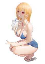 Rule 34 | 1girl, absurdres, bare arms, bare legs, bare shoulders, bikini, blonde hair, blue bikini, breasts, bubble tea, chinese commentary, cleavage, collarbone, commentary request, cup, disposable cup, drinking straw, flip-flops, grin, hand up, highres, holding, holding cup, kitagawa marin, large breasts, long hair, looking at viewer, mofashao nanheitu, red eyes, sandals, simple background, smile, solo, sono bisque doll wa koi wo suru, squatting, swimsuit, thighs, v, white background