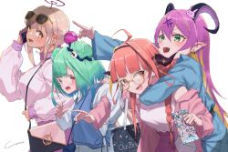 Rule 34 | 4girls, ahoge, asymmetrical horns, blonde hair, blue hair, bow, breasts, cellphone, colored inner hair, dark-skinned female, dark skin, demon girl, demon horns, double bun, dragon girl, dragon horns, earrings, green eyes, green hair, hair bun, hair ornament, hairband, highres, holding, holding phone, hololive, hololive english, horn bow, horn ornament, horns, jewelry, kiryu coco, large breasts, limiter (tsukumo sana), long hair, looking at another, mano aloe, multicolored hair, multiple girls, open mouth, orange hair, outstretched arm, phone, pink hair, planet hair ornament, pointing, pointing to the side, pointy ears, red eyes, short hair, sidelocks, simple background, skull brooch, skull earrings, skull hair ornament, smartphone, smile, sparkle hair ornament, streaked hair, talking on phone, trait connection, tsukumo sana, twintails, two-tone hair, uneven horns, uruha rushia, very long hair, virtual youtuber, white background, yellow eyes, yo na
